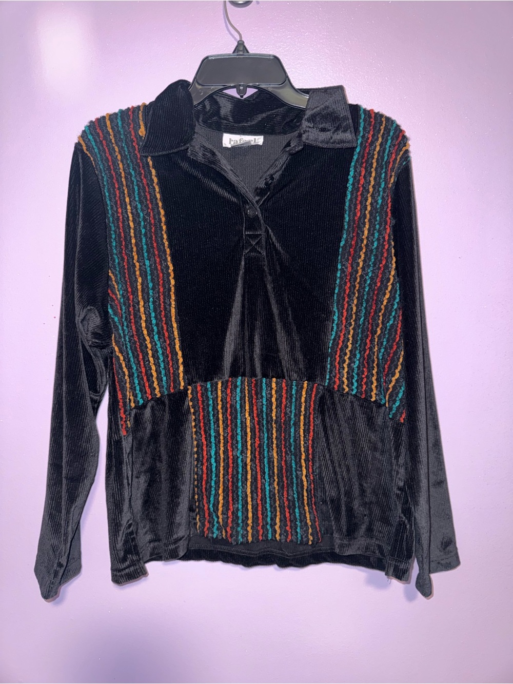 RAFAEL Black Velvet V-Neck Sweater with Teal, Red, Orange & Yellow Stripes